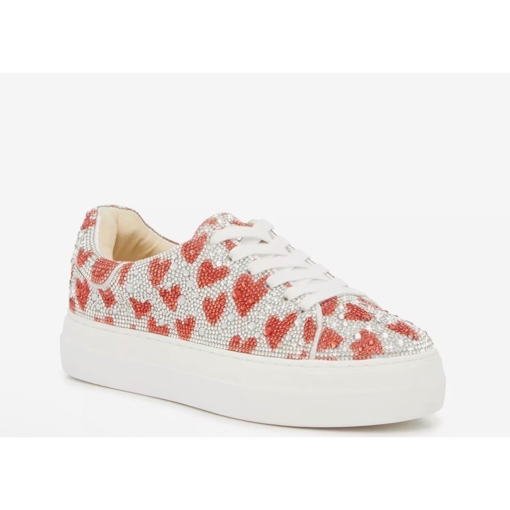 Betsey Johnson Sutton Highwall Bling Platform Sneaker Red Heart Silver 6.5